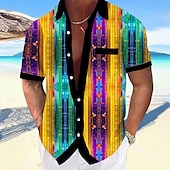 billige Geometrisk mønster-Herre Geometrisk Blend farge Skjorte Skjorte med knapper Kortermet Fashion Casual Feriereise Gateklær Strand Klær Sommer Høst Aftæpning 3D-utskrift krage skjorter Front One Lomme Lilla