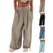 ieftine Pantaloni din bumbac simplu-pantaloni din bumbac și pânză pentru femei, îmbrăcăminte stradală la modă, confort, lungime, talie înaltă, șnur simplu, talie elastică, șnur confortabil în aer liber, ținută confortabilă de zi cu zi