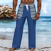 baratos Feriado-Homens Calças de linho Calças Calça verão Cintura elástica Com Cordão Perna reta Geométrica Conforto Respirável Comprimento total Casual Diário Feriado Férias Vintage Preto Branco