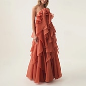 abordables ORANGE-Robe de Soirée A-Line Élégante Robe de Soirée Formelle Longueur de Sol Sans Manches Col Halter Organza avec Fleurs et Volants