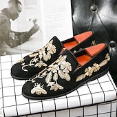 levne Poloformální-pánské černé semišové slip-on mokasíny se zlatou květinovou a včelí výšivkou – elegantní neformální obuv na svatby, večírky a formální události
