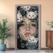 お買い得  ドアカバー-女の子 猫 ドア装飾 ドアカバー ドアタペストリー ドアカーテン装飾 バックドロップ 屋内/屋外のドアバナー フロントドア ファームハウス