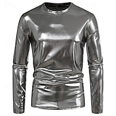 cheap Basic T shirts-Men&#039;s Tee Tee Top Long Sleeve Shirt Long Sleeve Crew Neck Spring &amp;  Fall Plain Fashion Designer Shiny Metallic Vacation Street Going out Silver Green Red Top Tee for Men