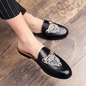 preiswerte Halbformell-Schwarze Slipper für Herren mit geprägtem Logo und goldenem Akzent, lässige flache Schuhe für den Alltag und das Büro
