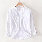 economico Casual da lavoro-Per uomo Camicia Camicia di lino Camicia casual Camicia con Bottoni Camicia di cotone Semplice Vacanza Camicia hawaiana Bianco Blu marino Cachi Grigio Manica Lunga Colletto alla coreana Primavera