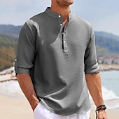 economico Camicie Popover da Uomo-Per uomo Camicia Camicia popover Camicia Estiva Camicia casual Camicia da Spiaggia Camicia a maglia a nido d&#039;ape Nero Bianco Blu Azzurro cielo Verde militare Manica Lunga Semplice Collo alla coreana