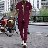 cheap Men&#039;s Basic Shirts Sets-Men&#039;s Waffle Shirt 2 Piece Shirt Set Summer Set Matching Sets Casual Shirt Plain Vacation Daily Black White Red Green Short Sleeve Collar Summer Clothing Apparel
