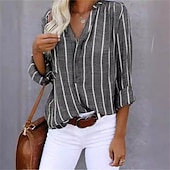 tanie Koszule-Damskie Koszula Koszule inspirowane lnem Zapiąć Prążki Codzienny Elegancki Podstawowy Długi rękaw Kołnierzyk koszuli Zwykłe topy Praca Codzienny Święto Guziki Khaki Ciemnoszary Jasnoniebieski Wiosna