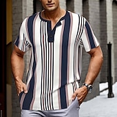 cheap Geometrical-Men&#039;s Geometric Stripes T Shirt Henley Shirt Short Sleeve Designer Retro Vintage Street Casual Daily Summer Spring Navy Blue Henley Henley T-Shirt