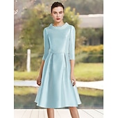 זול Comprimento do chá-A-Line Mother of the Bride Dress Wedding Guest Elegant Jewel Neck Knee Length Satin Half Sleeve with Beading Race Day Dress free custom size