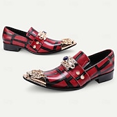 cheap Semi-Formal-Men&#039;s Red Plaid Leather Loafers with Gold Lion Decoration – Premium Cowhide, Slip-On Style for Formal and Fashionable Occasions