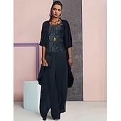 ieftine Costumele cu pantaloni ale mamei-Costum de nunta pentru plajă 3 piese matern pentru mireasă invitat formal la nuntă elegant mărime mare cu decolteu rotund lungime până la podea din chiffon cu dantelă fără mâneci cu aplicații mărime