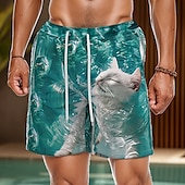 baratos Estampa Oceano-Homens Animal Gato oceano Shorts de Natação Bermuda de Surf Calção de Banho Cintura Média Roupa de rua Havaiana Férias Feriado Roupa de Praia Bolsos laterais Forro de malha Cintura elástica com cordão