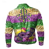 preiswerte Herren Satin Hemd-Karneval Herren Maske Blende Farbe Karnival Satinhemd Oberhemd Knopfhemd Langarm Modisch lässig Geschenk Festtage Festival Sommer Frühling Umlegekragen Hemden mit Kragen 3D-Druck Purpur
