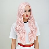 baratos Perucas Sintéticas sem Touca-Perucas sintéticas Ondulado Trama Curly Corte em Camadas Com Franjas Fabrico à Máquina Peruca Rosa 28 polegadas A1 Cabelo Sintético Mulheres Clássico Confortável Cores Gradiente Rosa