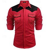 preiswerte Herrenhemd zum Knöpfen-Herren Hemd Sommerhemd Freizeithemd Knopfhemd Hellkaki Schwarz Rote Marineblau Blau Langarm Farbblock Revers Urlaub Hawaiianisch Button-Down Bekleidung Baumwollmischung Mode Lässig Bequem