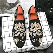 levne Poloformální-pánské černé semišové slip-on mokasíny se zlatou květinovou a včelí výšivkou – elegantní neformální obuv na svatby, večírky a formální události