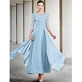 billiga Golvlängd-A-linjeformad klänning för brudens mor bröllopsgäst elegant plus size juvelhals ankellängd chiffong spets 3/4 längd ärm med ruched paljetter applikationer gratis anpassad storlek