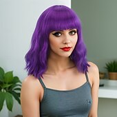 Χαμηλού Κόστους Συνθετικές Trendy Περούκες-Συνθετικές Περούκες Ζωηρές μπούκλες Βαθύ Κύμα Ασύμμετρο κούρεμα Με αφέλειες Μηχανοποίητο Περούκα Κοντό Ξανθό Συνθετικά μαλλιά Γυναικεία Μωβ