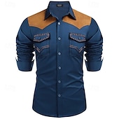 preiswerte Herrenhemd zum Knöpfen-Herren Hemd Sommerhemd Freizeithemd Knopfhemd Hellkaki Schwarz Rote Marineblau Blau Langarm Farbblock Revers Urlaub Hawaiianisch Button-Down Bekleidung Baumwollmischung Mode Lässig Bequem