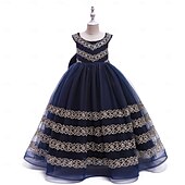 baratos Vestidos para Menina das Flores de Casamento-Princesa Longo Vestido para Meninas das Flores Festa de Casamento Meninas Lindo Vestido de Baile Renda com Apliques Estilo real Arco-Íris Ajuste 3-16 anos