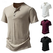 baratos Camiseta Henley Casual-Homens Camisa Henley Camisetas Top de malha canelada camisa muscular Manga Curta Côr Sólida Tecido Casual Botões Henley Ao ar livre Casual Diário Verão Primavera &amp; Outono Preto Branco Vinho Camiseta
