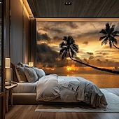 cheap Ocean Beach Tapestry-Landscape Sunset Beach Hanging Tapestry Wall Art Large Tapestry Mural Decor Photograph Backdrop Blanket Curtain Home Bedroom Living Room Decoration Palm Tree