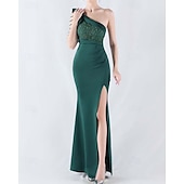 preiswerte BLAU-Meerjungfrau  Trompete Abendkleid Elegantes Kleid Formelles Abendparty Bodenlang Ärmellos Ein Schulter Spitze mit Schleife(n) Perlen Schlitz