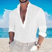 cheap Men&#039;s Popover Shirts-Men&#039;s Shirt Popover Shirt Summer Shirt Casual Shirt Beach Shirt Black White Pink Green khaki Long Sleeve Plain Band Collar Vacation Hawaiian Button-Down Clothing Apparel Fashion Casual Comfortable