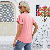 billige Plain t-skjorte-Dame Boho T-skjorte عادي Bohem søt stil Stilfull Kortermet Sommerfuglermer V-hals Vanlige topper Daglig Ut på byen Helg Drapering Svart Hvit Rosa Blå Fuksia Sommer