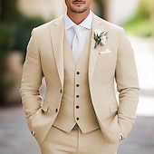 voordelige Casual pakken-Heren Trouwaanzuiten Linnen Khaki Mode Zomer Effen Kleur Tailored Fit 3-delig Enkel knop Twee knopen