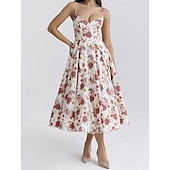 cheap Dresses-Retro Vintage 1950s Midi Dress Flare Dress Spaghetti Strap Corset Floral A-Line Women&#039;s Masquerade Wedding Vacation Tea Party Adults&#039; Dress