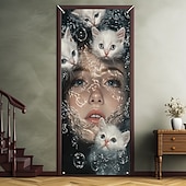 お買い得  ドアカバー-女の子 猫 ドア装飾 ドアカバー ドアタペストリー ドアカーテン装飾 バックドロップ 屋内/屋外のドアバナー フロントドア ファームハウス