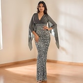 preiswerte Abendkleider-Meerjungfrau  Trompeten Abendkleid Elegantes Kleid Formelles Hochzeitsbodenlänges 3/4-Länge Ärmel V-Ausschnitt Chiffon mit Pailletten