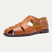 ieftine sandală de rochie-Sandale pentru bărbați din piele artificială maro, cu vârf deschis, cu curea cu cataramă reglabilă, stil casual pentru purtarea de zi cu zi