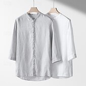 cheap Business Casual-Men&#039;s Shirt Linen Shirt Casual Shirt Button Up Shirt Plain Vacation Hawaiian White Navy Blue Khaki Gray 3/4 Length Sleeve Grandad Collar Spring Fall Clothing Apparel Button-Down
