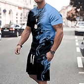 cheap Men&#039;s Printed Tees sets-Men&#039;s splatter 2pcs Tees sets Summer Tops Short Sleeve Short Pants Crew Neck Sport Casual Outdoor Vacation Sport 3D Print Summer Robin&#039;s Egg Blue White Green
