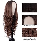 economico Parrucche trendy sintetiche-parrucca ondulata lunga per donna con riga centrale parrucca lunga riccia resistente al calore capelli sintetici dall&#039;aspetto naturale, parrucca in fibra per uso quotidiano alle feste