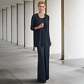 olcso Anya nadrágkosztümje-Jumpsuit  Nadrágruha 3 részes Ara anyának Formális esküvői vendég Elegáns Nagy méretű Kötés beleértve Ékkő nyak Padlóhosszú Chiffon Csipkével Ujjatlan Egyszínű 2025 ingyenes egyedi méret