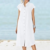 ieftine Rochii-Pentru femei Rochie Lunga Rochie Maxi Rochii inspirate din in Rochii Tip Cămașă Rochie casual Rochie din in bumbac Stilat Casual Vacanță Zilnic Dată Fit regulat Simplu Manșon scurt Guler de stand