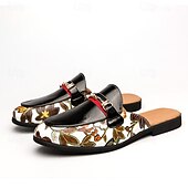cheap Semi-Formal-Men&#039;s Slip-On Mules with Glossy Black Patent Leather and Floral Print Design, Adjustable Strap, Perfect for Casual and Fashionable Occasions