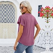 billige Plain t-skjorte-Dame Boho T-skjorte عادي Bohem søt stil Stilfull Kortermet Sommerfuglermer V-hals Vanlige topper Daglig Ut på byen Helg Drapering Svart Hvit Rosa Blå Fuksia Sommer