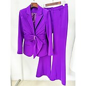 economico Tailleur pantalone della mamma-Completo madre della sposa a due pezzi elegante minimalista colletto camicia lunghezza al pavimento in tessuto elasticizzato manica lunga con volant colore solido 2025