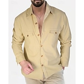 cheap Business Casual-Men&#039;s Shirt Linen Shirt Casual Shirt Button Up Shirt Cotton Shirt Plain Vacation Hawaiian Black White Pink Beige Long Sleeve Lapel Summer Spring Clothing Apparel Front Pocket