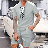 billiga Set med herr-T-shirts-Herr T-shirtkostymer 2 delar outfits T-shirt och shorts Kortärmad Rund halsringning Sommar Färgblock Mode Ledigt Snörning 2 st Semester Dagliga kläder Utekväll Svart Vit Vin Topp t-shirt för män