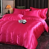 cheap Duvet Cover Sets-4 Pieces Satin Silk Bedding Set with Fitted Sheets Duvet Cover Sets Summer Solid Color Comforters Covers with 2 Pillowcases