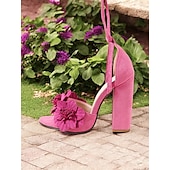 cheap Prom-Pink Floral Lace-Up Block Heel Sandals for Women – Elegant Suede Flowers with Strappy Design, Ideal for Weddings, Evening Events, and Formal Occasions
