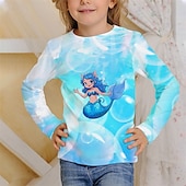billiga Flickans 3D-tecknad film-Flickor 3D Grafisk Sjöjungfru T-shirt Långärmad Vår Höst Mode Grundläggande Barn 4-12 år Rund hals Utomhus Ledigt Dagligen Normal