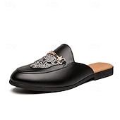preiswerte Halbformell-Schwarze Slipper für Herren mit geprägtem Logo und goldenem Akzent, lässige flache Schuhe für den Alltag und das Büro