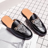 preiswerte Halbformell-Schwarze Slipper für Herren mit geprägtem Logo und goldenem Akzent, lässige flache Schuhe für den Alltag und das Büro